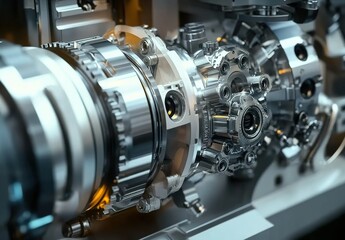 Obraz premium Close-up of an industrial engine's main lens, showcasing its complex mechanical components and intricate designs.