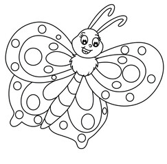 Cute cartoon hand drawn vector funny butterfly coloring page.