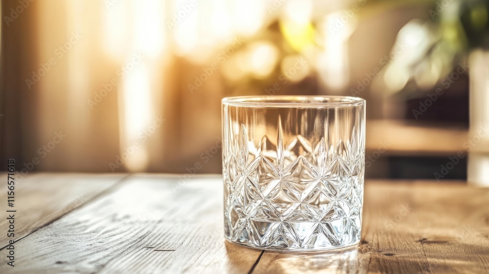 Poster elegant crystal glass placed on wooden table with softly blurred background and ample space for text