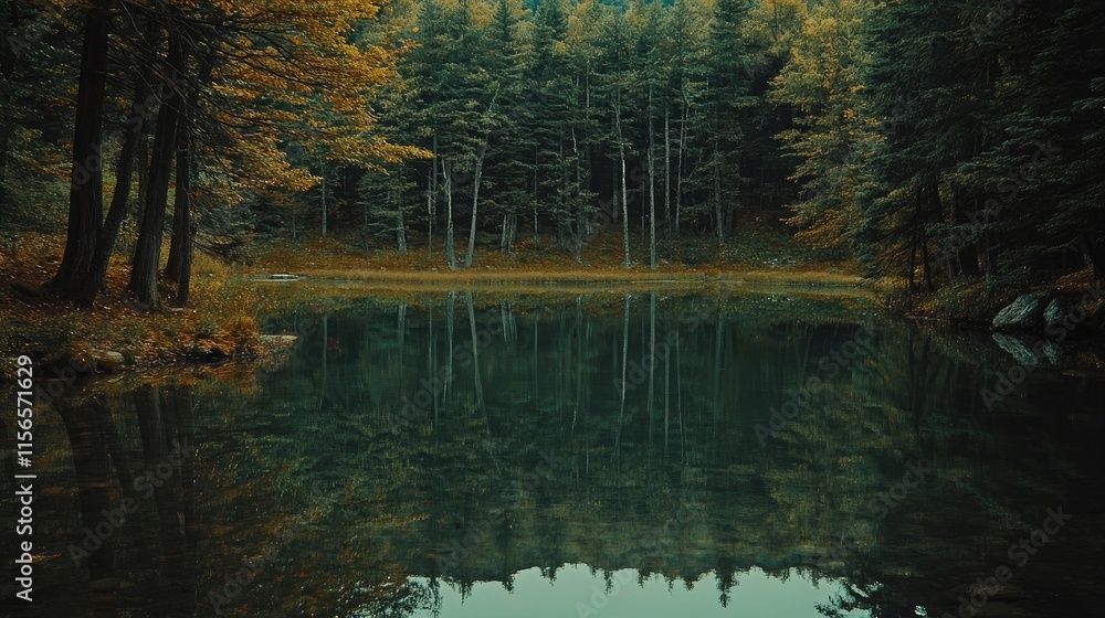 Aufkleber serene crystal lake surrounded by lush forest with reflections and copy space for text in autumn col