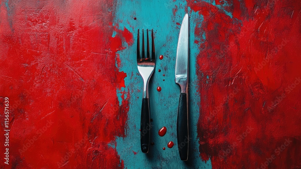 Poster culinary challenge with vibrant red and blue tabletop featuring knife and fork with empty space for 