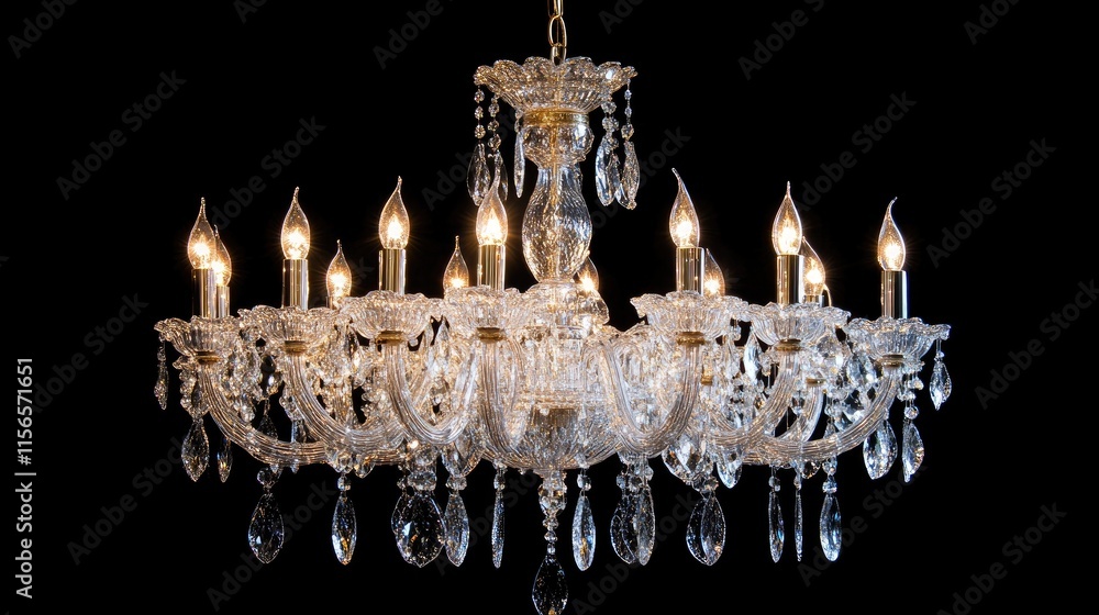 Poster elegant crystal glass chandelier illuminated against dark background with ample space for text and d