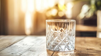 Elegant crystal glass placed on wooden table with softly blurred background and ample space for text or branding introductions.