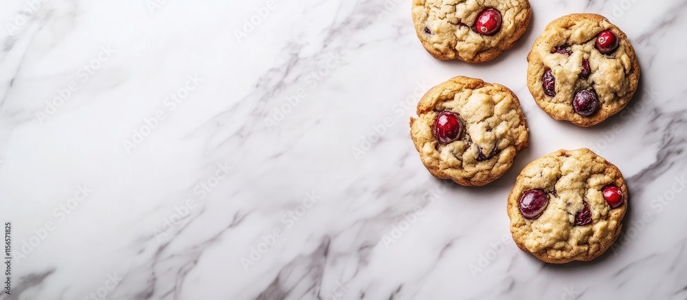 Aufkleber cookies with candied fruit and chocolate cranberries on marble surface with ample empty space for te