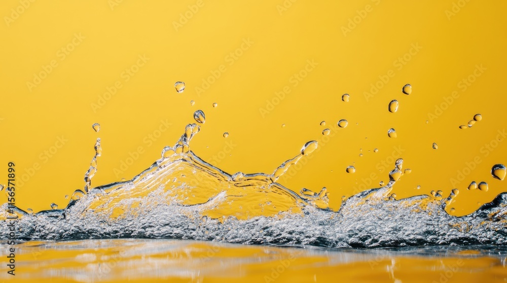 Poster vibrant sea wave splashing with water droplets on yellow background creating lively visual and ample