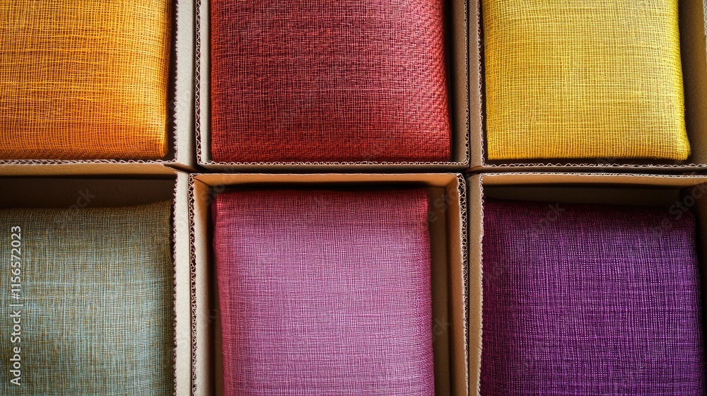 Poster colorful saffron mats neatly packed in cardboard boxes showcasing a vibrant array of textiles with a