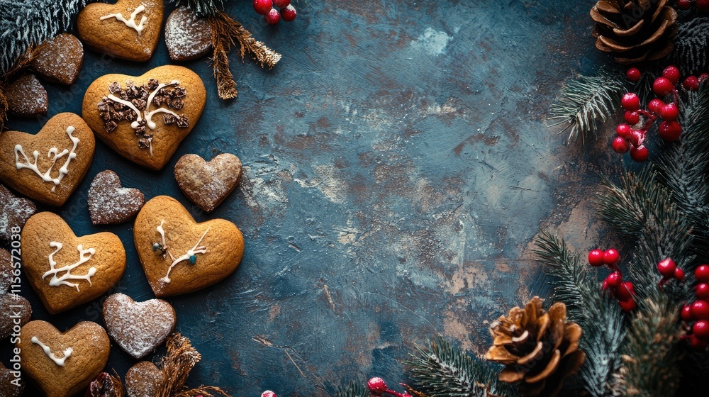 Poster heart-shaped gingerbread cookies arranged with festive dã©cor on a rustic table creating an inviting