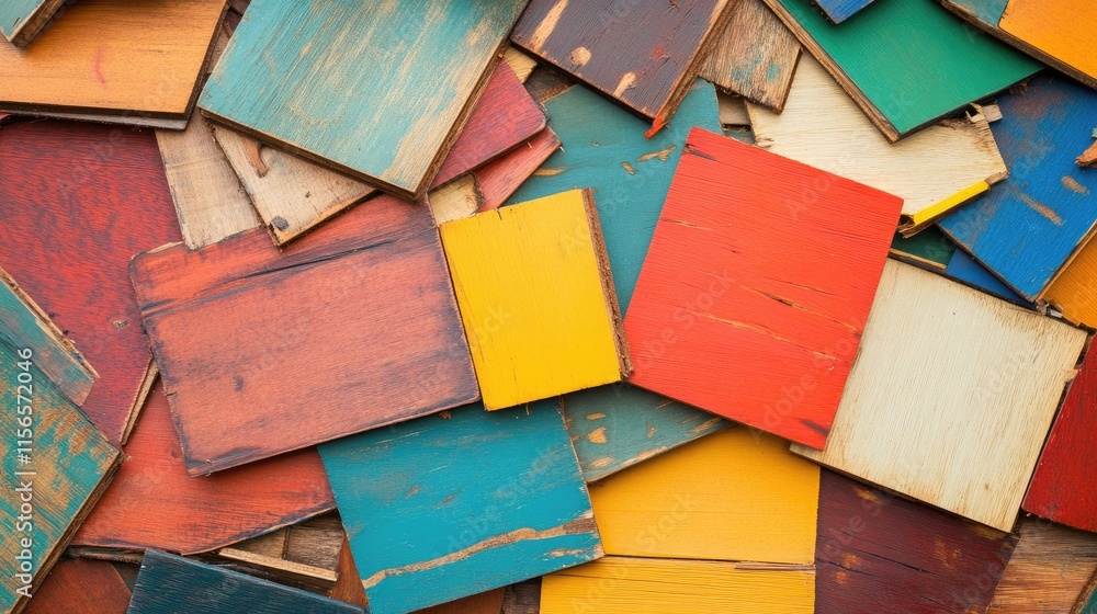 Poster colorful assorted scrap wood pieces for crafting and design with empty space for custom text or artw