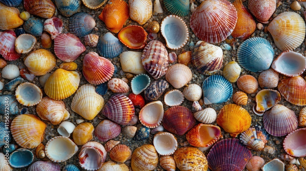 Poster vibrant collection of colorful seashells flat lay with empty space for text or design usage
