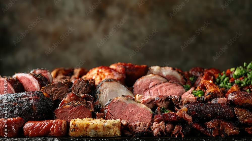 Poster assorted smoked meats arranged artistically with copy space for text in a rustic setting perfect for
