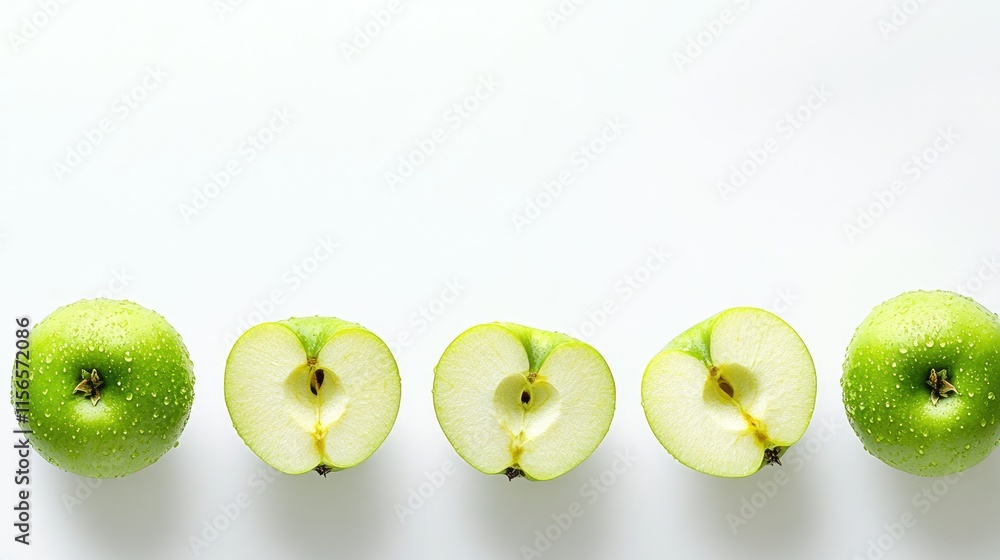 Aufkleber fresh green apples arranged with a sliced apple on a white background highlighting their juicy textu