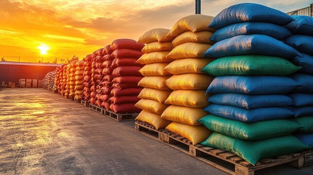 Colorful sacks stacked on pallets at a factory during sunset with vibrant sky and empty space for adding text or graphics