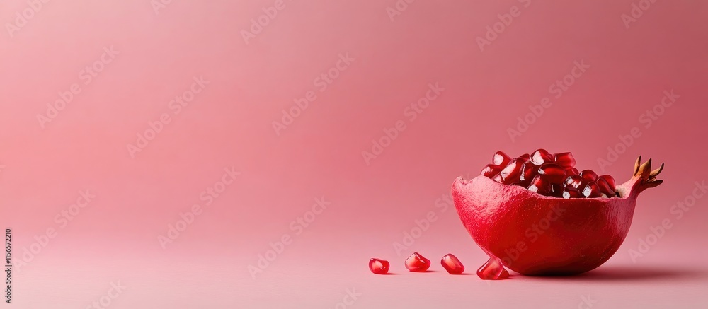 Poster pomegranate split open revealing juicy seeds on soft pink background with space for text or design e
