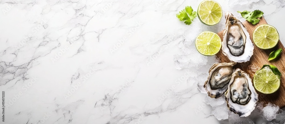 Aufkleber Freshly opened oysters on a cutting board with lime slices and ice creating a seafood dining concept and empty space for text or branding