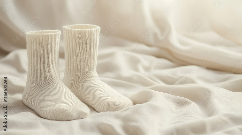 Poster cuffed white socks on soft fabric with ample empty copy space for creative text or product promotion