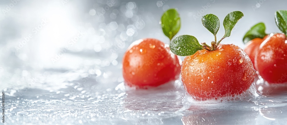 Poster acerola cherries splashed with water on a white background showcasing freshness with ample space for