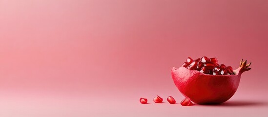 Pomegranate split open revealing juicy seeds on soft pink background with space for text or design elements