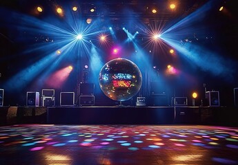 A photo of a large disco ball on stage with lights and speakers