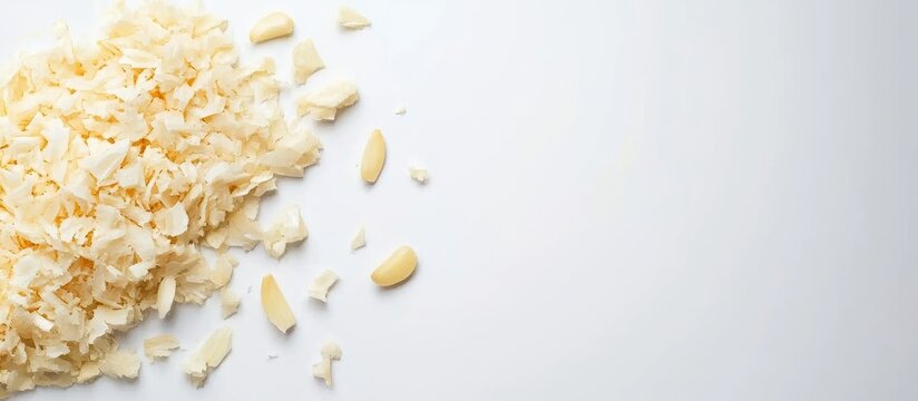 Minced garlic on a clean white background with ample space for custom text and culinary design concepts