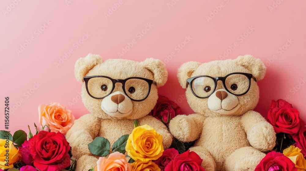 Poster cuddly teddy bears in glasses surrounded by vibrant roses on a pink background with blank space for 