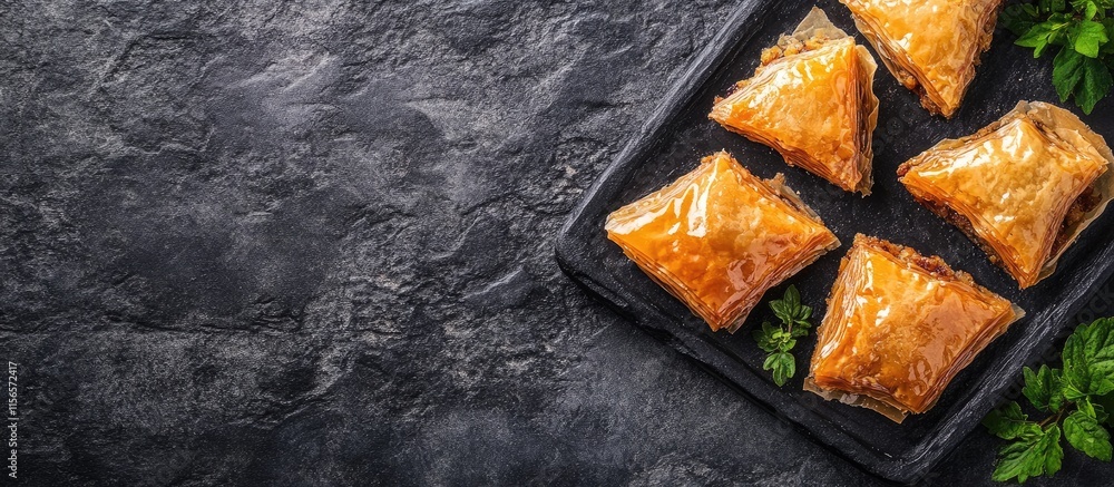 Poster elegant baklava slices on a dark tray surrounded by empty space for text ideal for culinary promotio