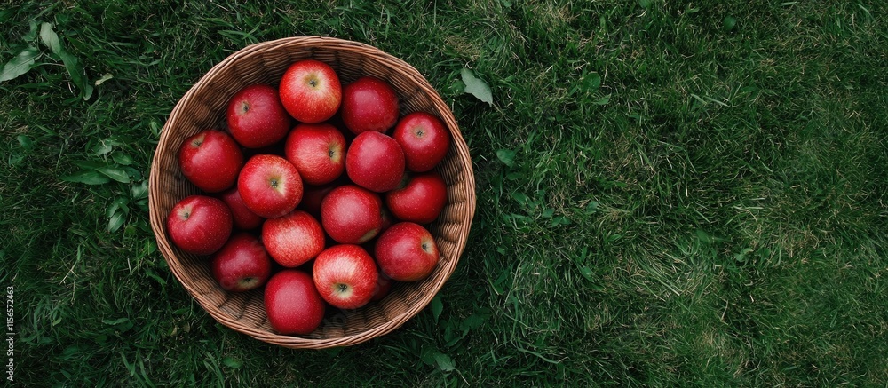 Poster freshly harvested red apples arranged in a wicker basket on vibrant green grass with ample copy spac