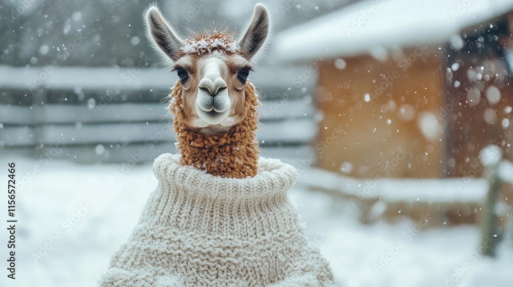 Aufkleber cuddly llama in a cozy white sweater standing in the snow with a serene winter background and empty 