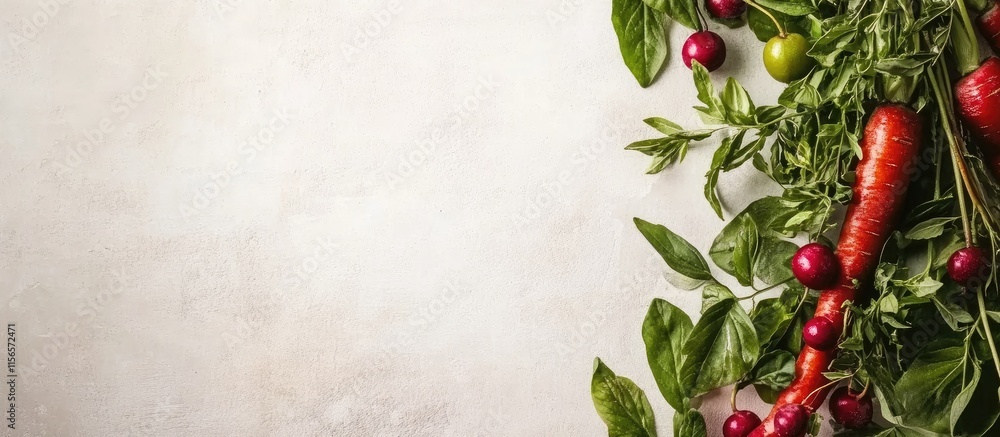 Poster freshly harvested red carrots and vibrant greens arranged on a textured background with space for te