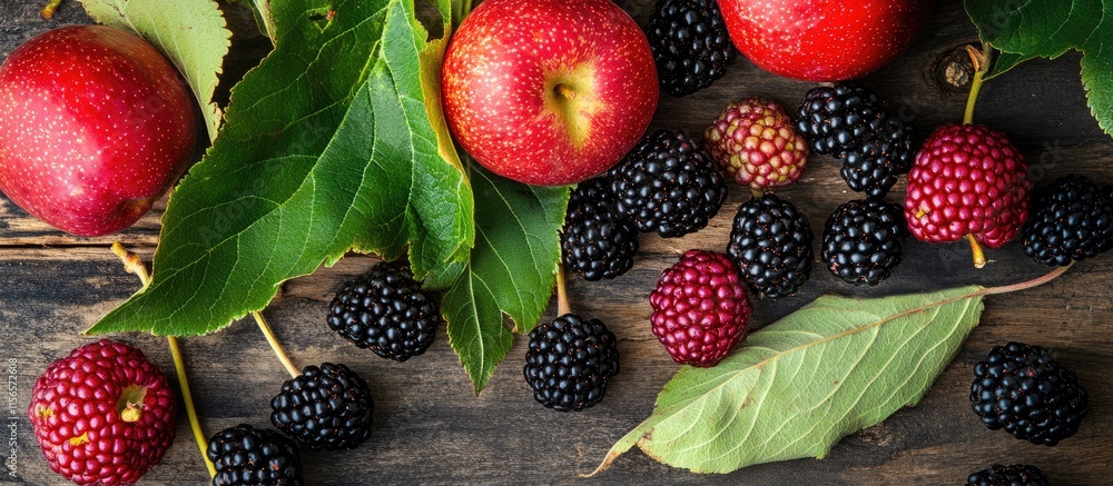Poster fresh mulberries and red apples arranged with green leaves on rustic wood background with ample spac