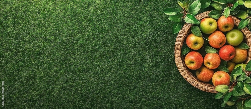 Poster organic apples in a basket on green grass creating a natural setting with ample space for custom tex