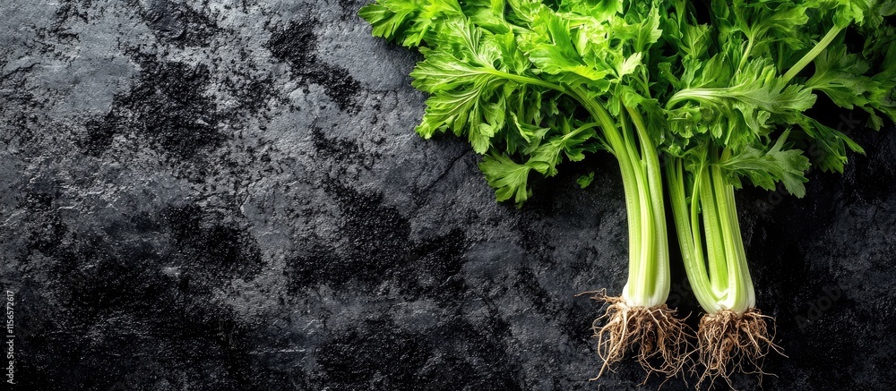 Aufkleber freshly harvested organic celery with roots showcasing its vibrant green color on a textured backgro