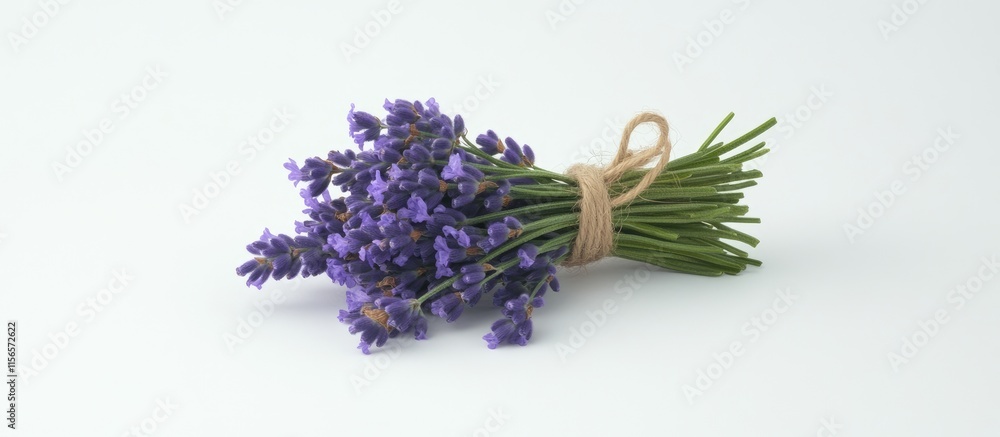 Poster freshly harvested lavender bouquet tied with twine on a plain background with ample copy space for t