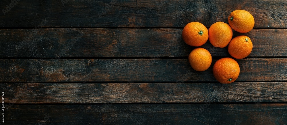 Aufkleber harvested oranges arranged on a rustic wooden table with ample space for text or branding in a seaso