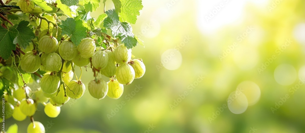 Poster gooseberries on a branch in a sunny garden with blurred background and ample space for text or overl