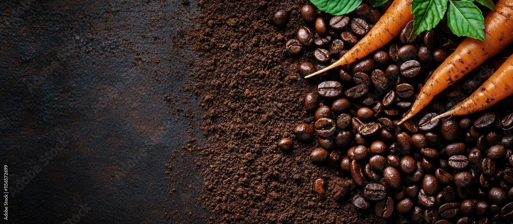 Poster freshly harvested carrots and coffee beans on rustic soil with empty space for personalized text or 