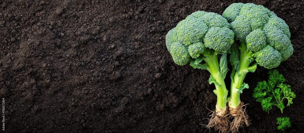 Poster freshly harvested broccoli with roots exposed in rich dark soil and ample empty space for text or br