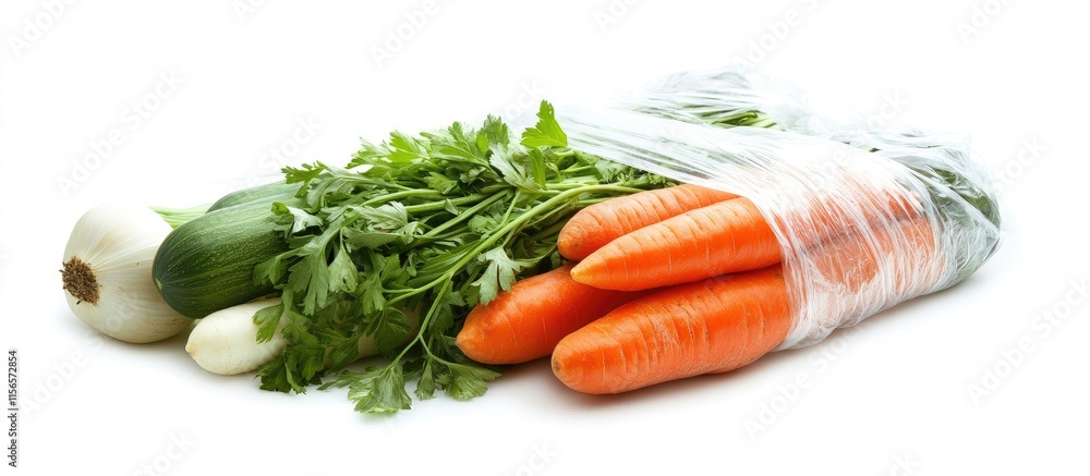 Poster freshly picked assorted vegetables wrapped in plastic with empty space for text display
