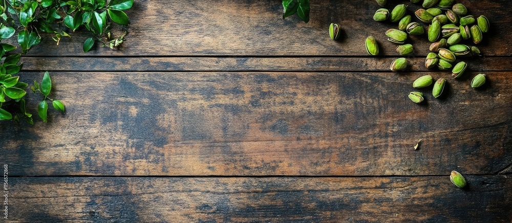 Poster freshly harvested green pistachios on rustic wooden table with blank space for custom text or brandi