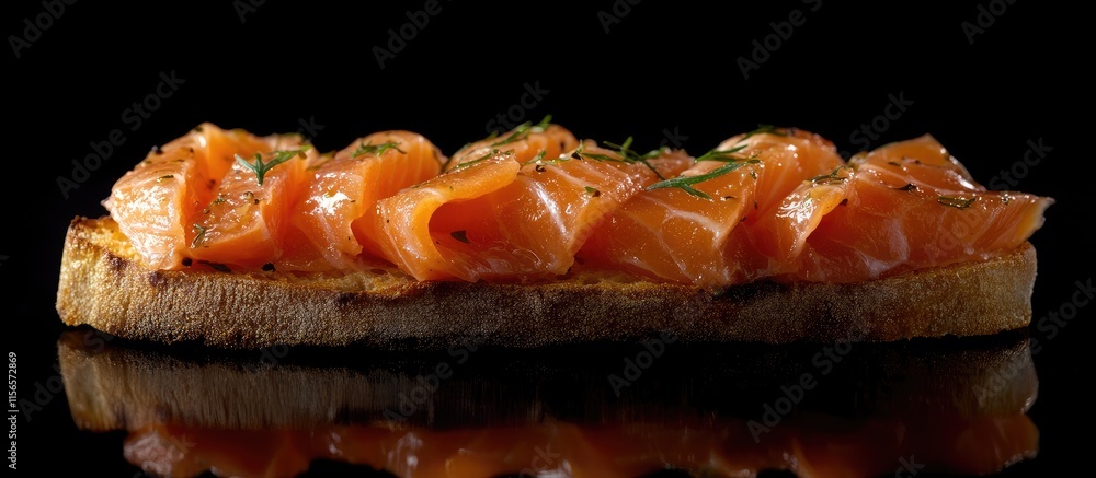 Aufkleber delicious marinated salmon bruschetta on toast with black background and empty space for custom text