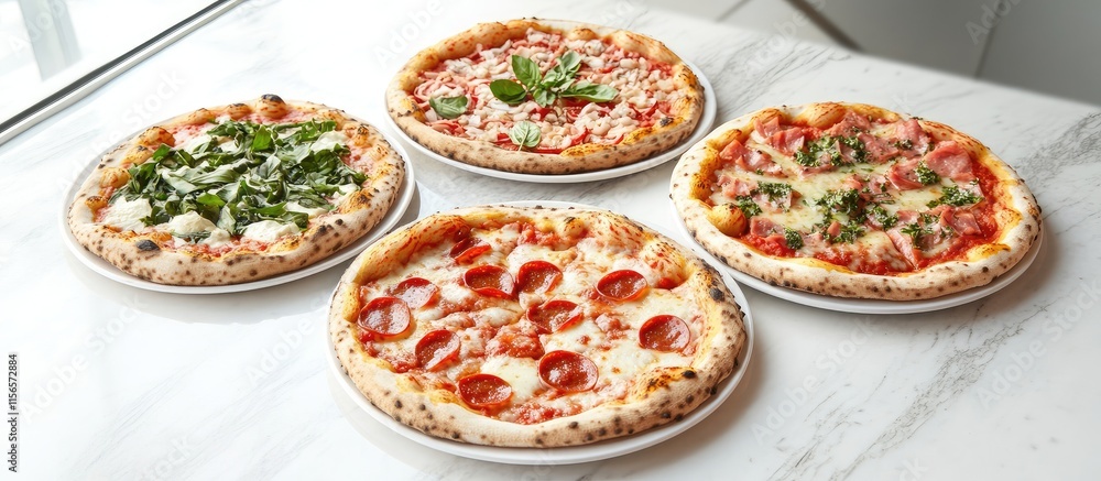 Poster colorful assortment of freshly made pizzas with various toppings and empty space for text on marble 