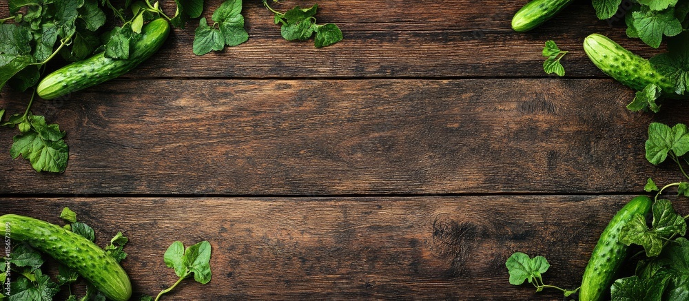 Poster fresh long cucumbers surrounded by green leaves on rustic wooden table with blank space for text or 