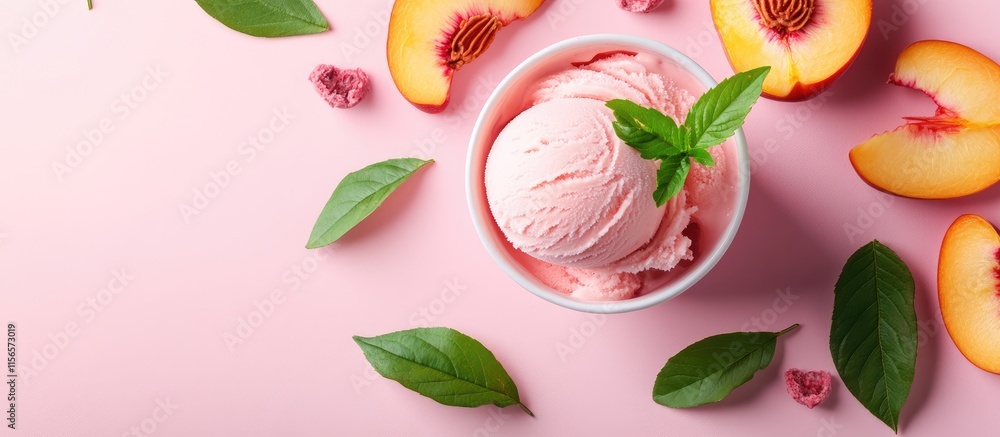 Poster delicious peach ice cream in cup surrounded by fresh peach slices and leaves on pink background with