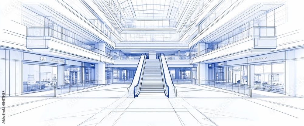 Poster a blueprint-style illustration of a modern multi-level atrium with stairs.