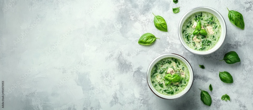 Poster freshly made green curry with chicken and basil in bowls with empty space for text background in a s