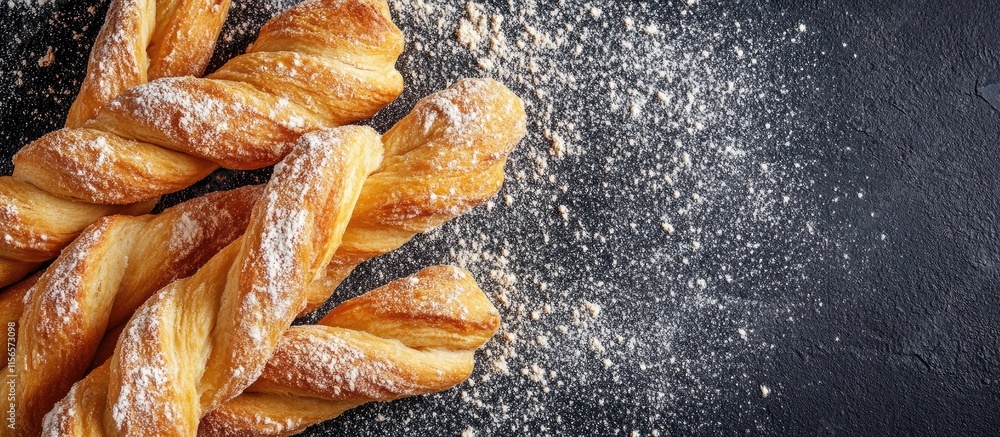 Poster crispy golden fried dough twists with flour sprinkles and empty space for culinary text or branding