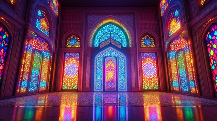 Obraz premium A vibrant mix of modern neon lights and traditional Islamic tessellations for an electric vibe