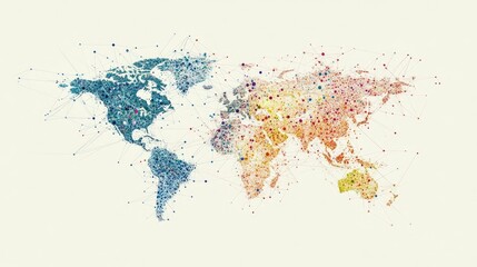 Obraz premium Global network map; colorful dots, lines connect.