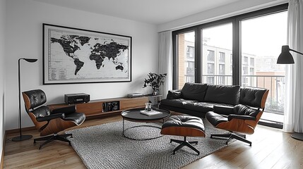 Fototapeta premium Modern Living Room Decor Featuring Mid Century Chairs and World Map