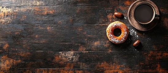 Freshly Baked Donut with Coffee on Rustic Table Ideal for Breakfast or Snack Promotions with Copy Space for Text