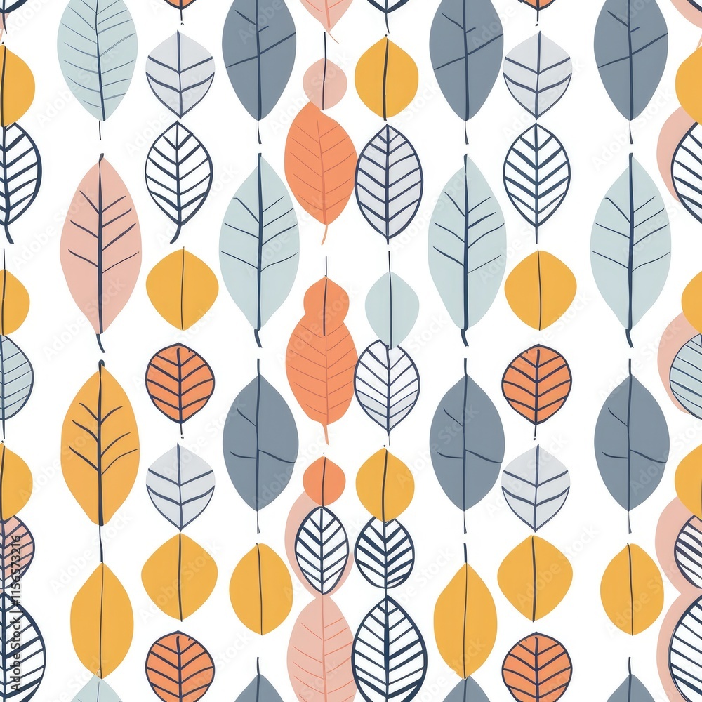 Poster a colorful pattern of various leaves in different shapes and colors on a white background.